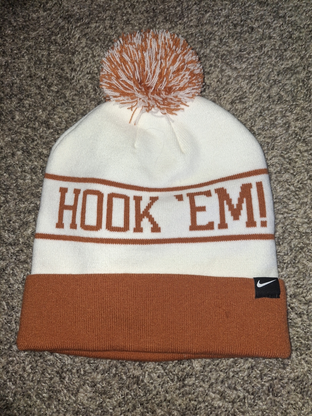 Nike White and Burnt Orange Pom Pom Beanie with Hook 'Em! Text - Picture 2 of 2